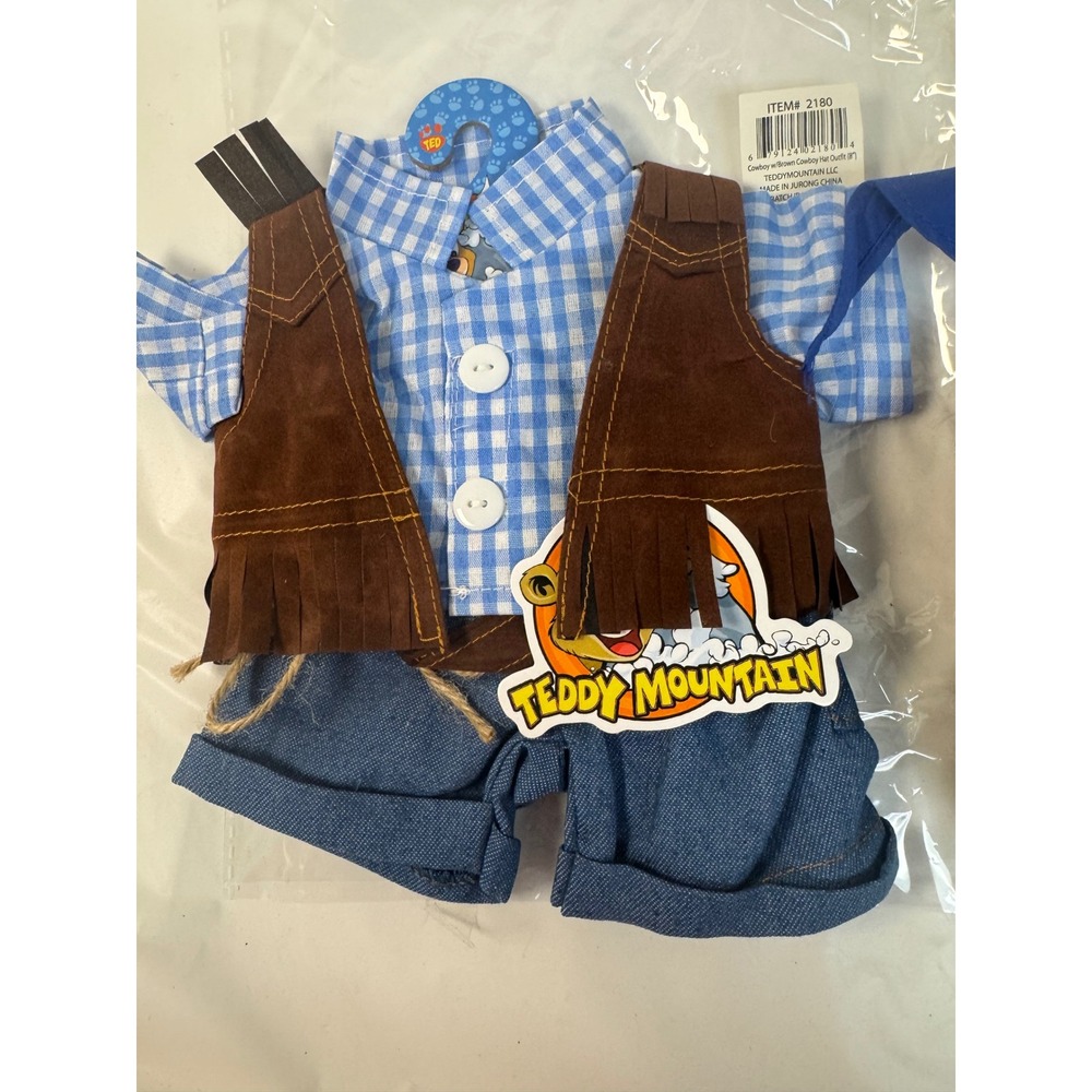 Teddy Mountain 8" Cowboy Plush Outfit Blue Gingham Shirt Brown Vest Hat 2180 - Picture 4 of 12